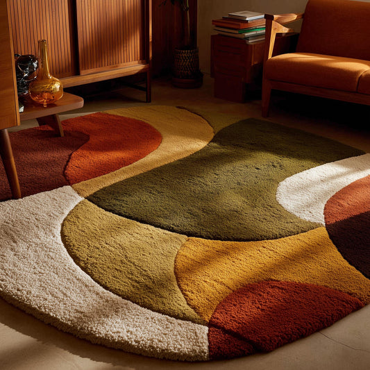 Plush mid century area rug with thick pile and retro modern arc pattern in warm terracotta, olive, mustard, cream, and brown tones