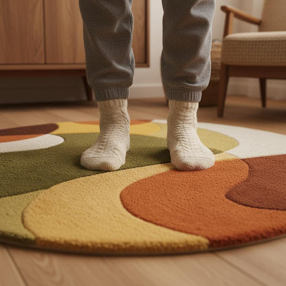 Mid century area rug with thick pile, retro arc pattern, and warm terracotta, olive, mustard tones for plush living room decor
