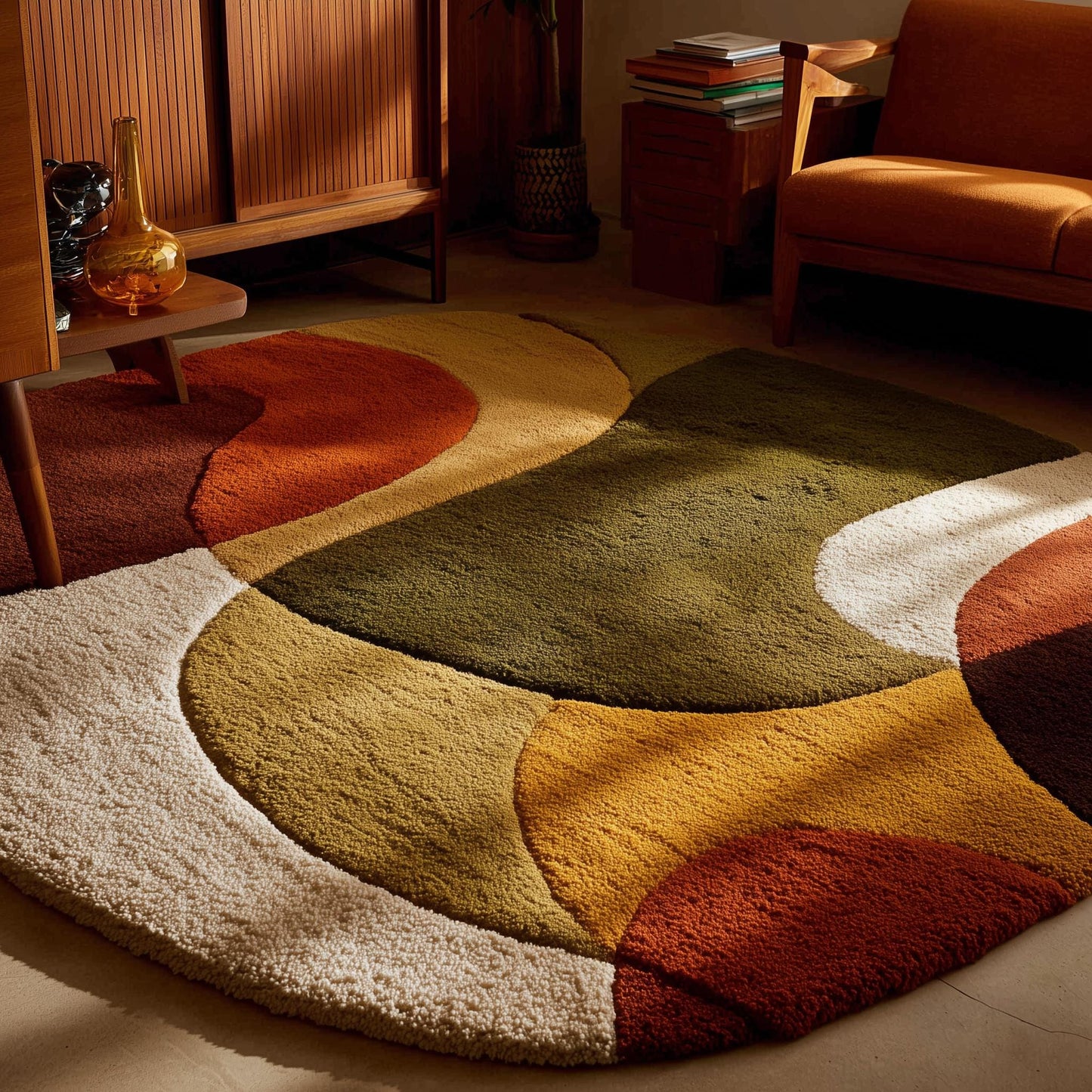 Mid century area rug with thick pile, retro modern arc design, and warm terracotta, olive, mustard tones for plush living room comfort