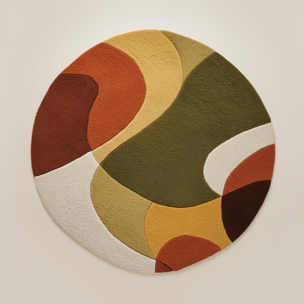 Plush mid century area rug with thick pile and retro modern geometric design in warm terracotta and olive tones
