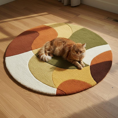 Mid century area rug with thick pile, plush retro modern design, and warm terracotta, olive, mustard tones.