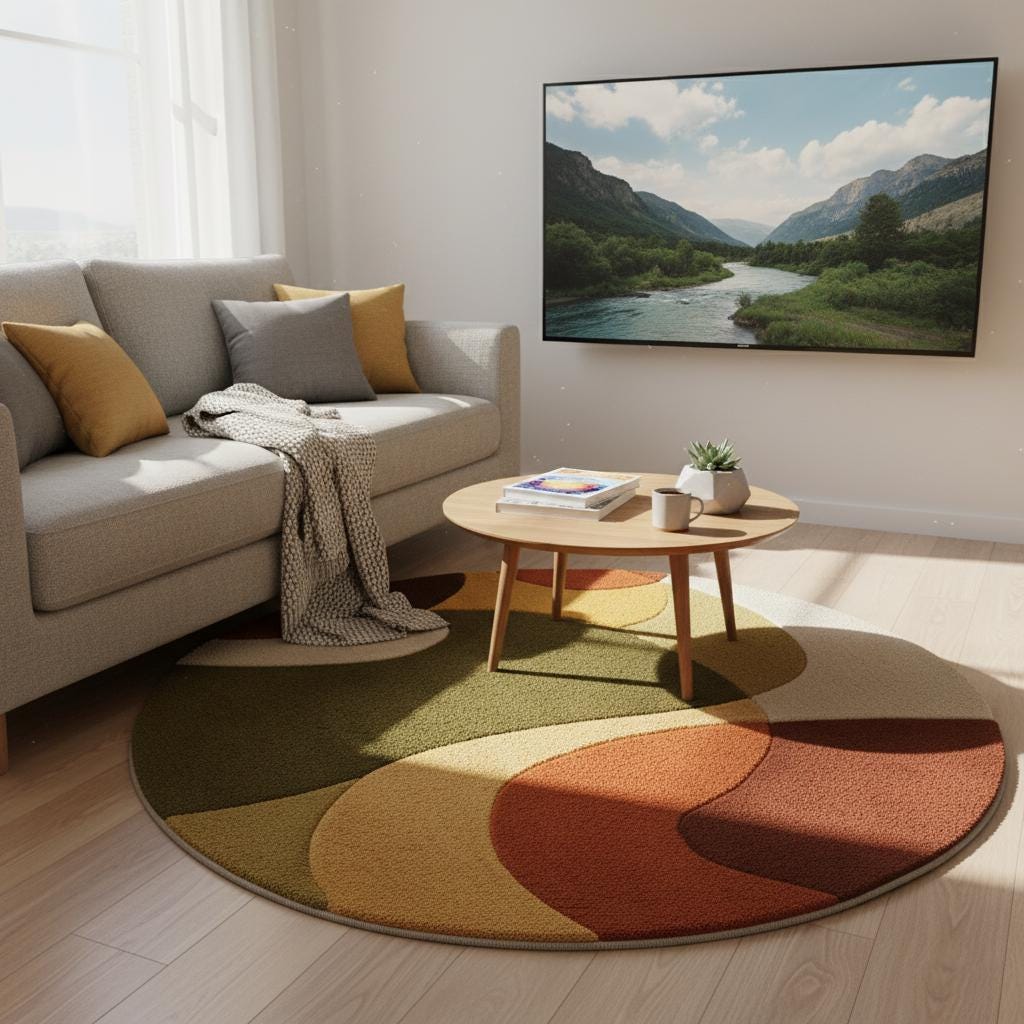 Mid Century area rug with thick pile, plush texture, and retro modern arc design in warm terracotta, mustard, olive, cream, and brown tones.