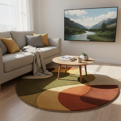 Mid Century area rug with thick pile, plush texture, and retro modern arc design in warm terracotta, mustard, olive, cream, and brown tones.