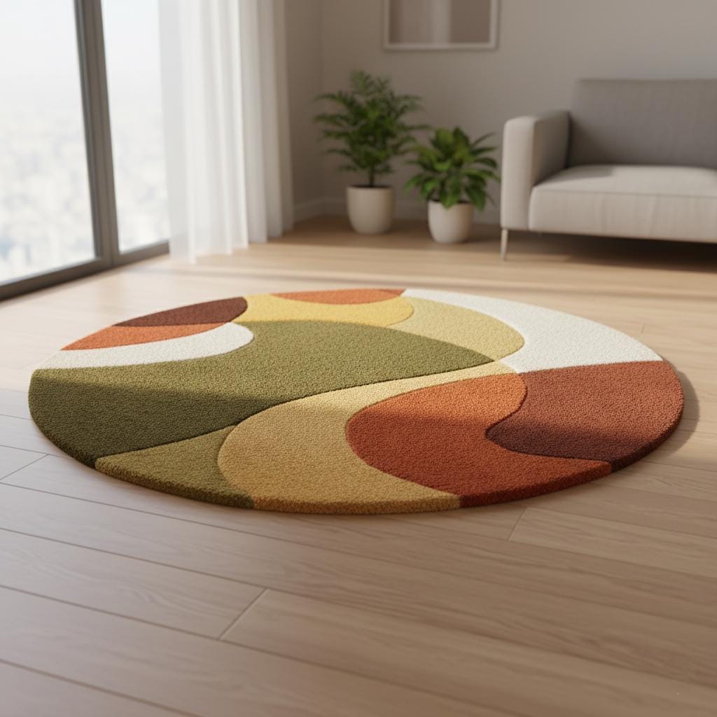 Mid Century Area Rug plush thick pile carpet with retro arc geometric pattern in warm terracotta and olive tones