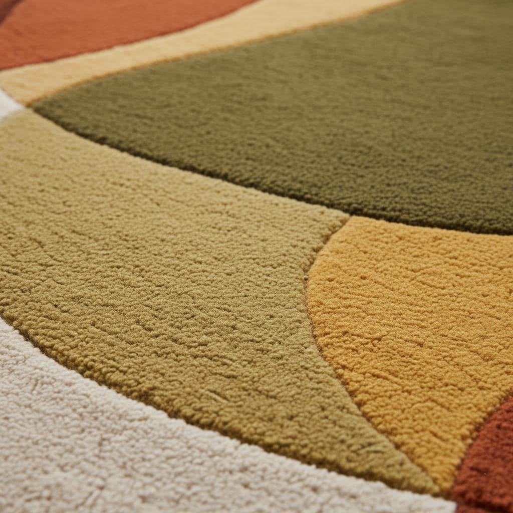 Mid century area rug with thick plush pile and retro modern arc pattern in warm terracotta and olive tones