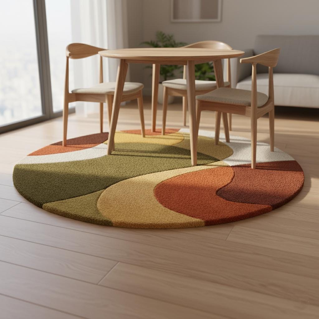 Mid century area rug with thick pile, retro arc design, and warm terracotta tones for plush living room comfort