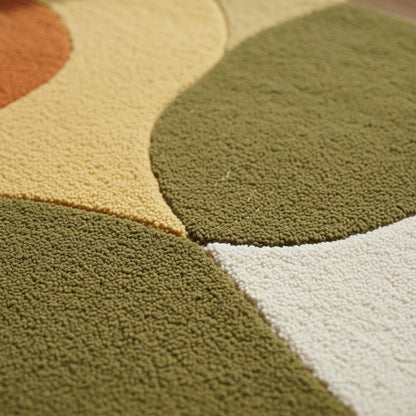 Mid century area rug with thick pile, plush texture, retro modern arc design, and warm terracotta, olive, mustard tones for living rooms