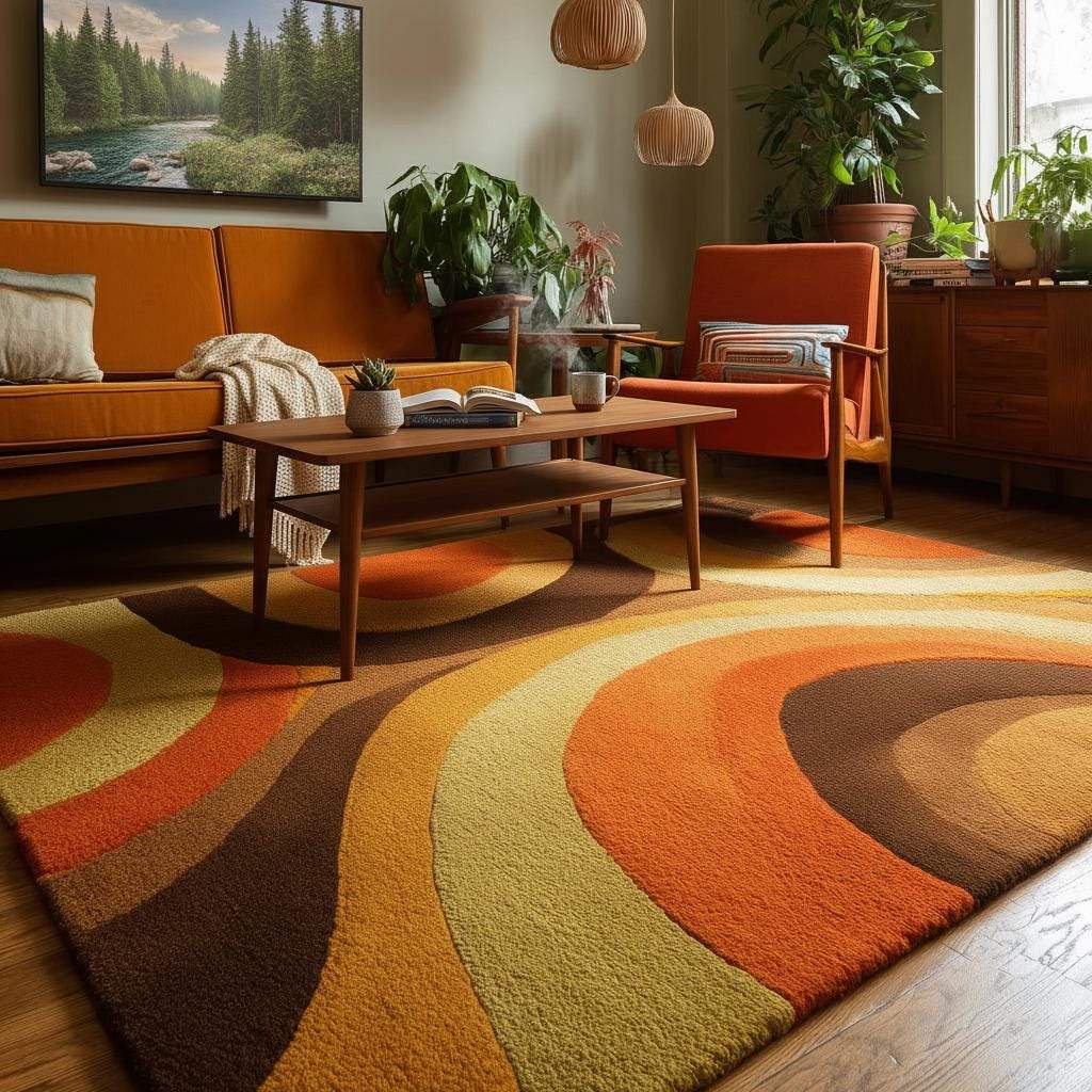 Mid Century Area Rug with plush pile, bold arc pattern, and warm earthy tones in terracotta, mustard, olive, cream, and brown