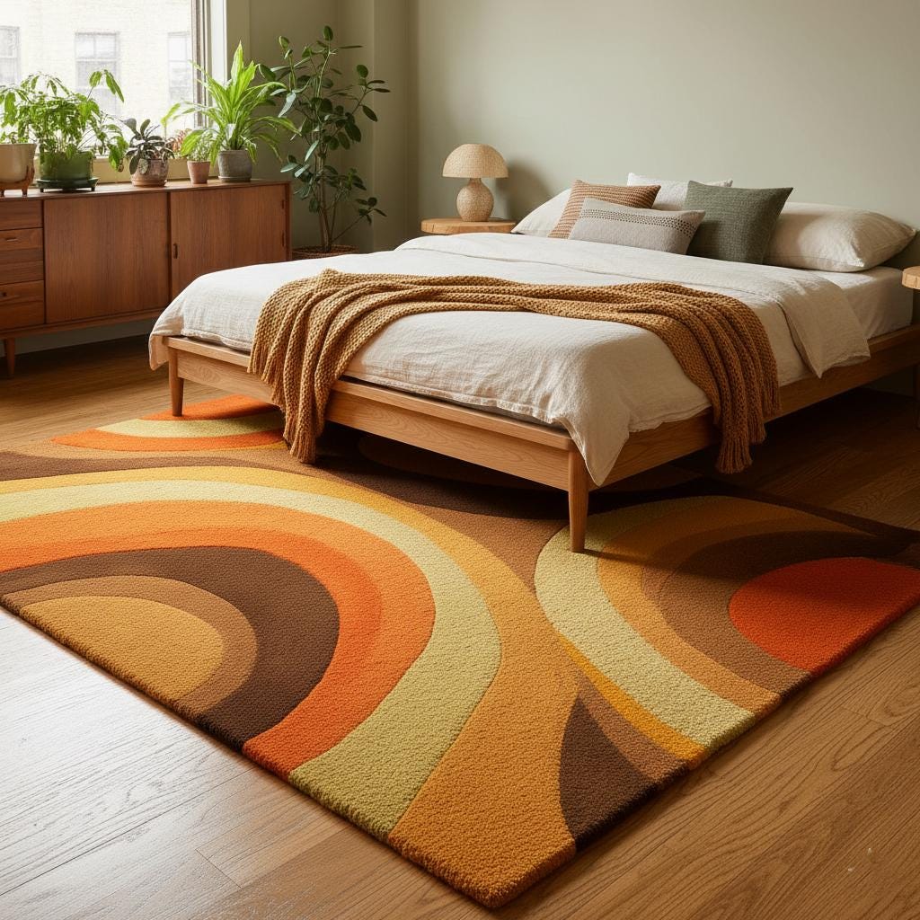 Mid Century Geometric Arc Area Rug – Plush Retro Living Room Rugs Thick Pile Rug Carpet Teppich in Terracotta Mustard Olive Brown