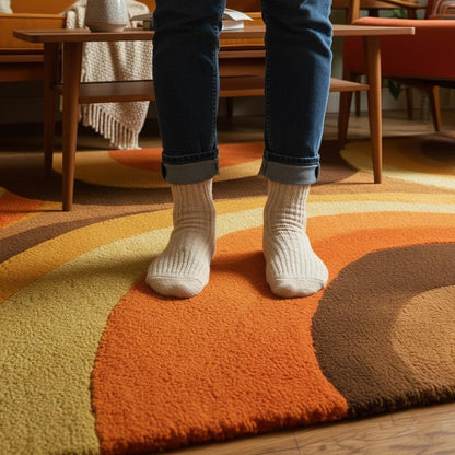 Mid Century Geometric Arc Area Rug – Plush Retro Living Room Rugs Thick Pile Rug Carpet Teppich in Terracotta Mustard Olive Brown