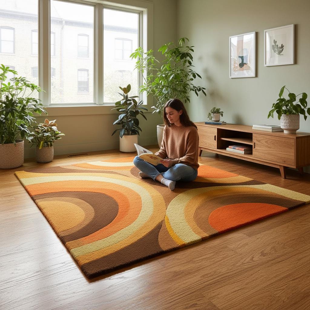 Mid Century Geometric Arc Area Rug – Plush Retro Living Room Rugs Thick Pile Rug Carpet Teppich in Terracotta Mustard Olive Brown