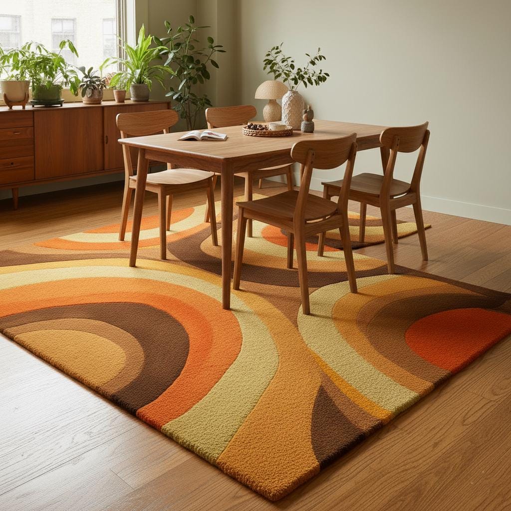 Mid Century Geometric Arc Area Rug – Plush Retro Living Room Rugs Thick Pile Rug Carpet Teppich in Terracotta Mustard Olive Brown