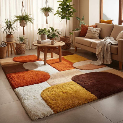 Mid century area rug with plush thick pile and geometric retro pattern in warm burnt orange, mustard yellow, and cream tones