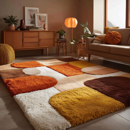 Mid century area rug with plush thick pile, retro geometric pattern in burnt orange, mustard yellow, and cream tones