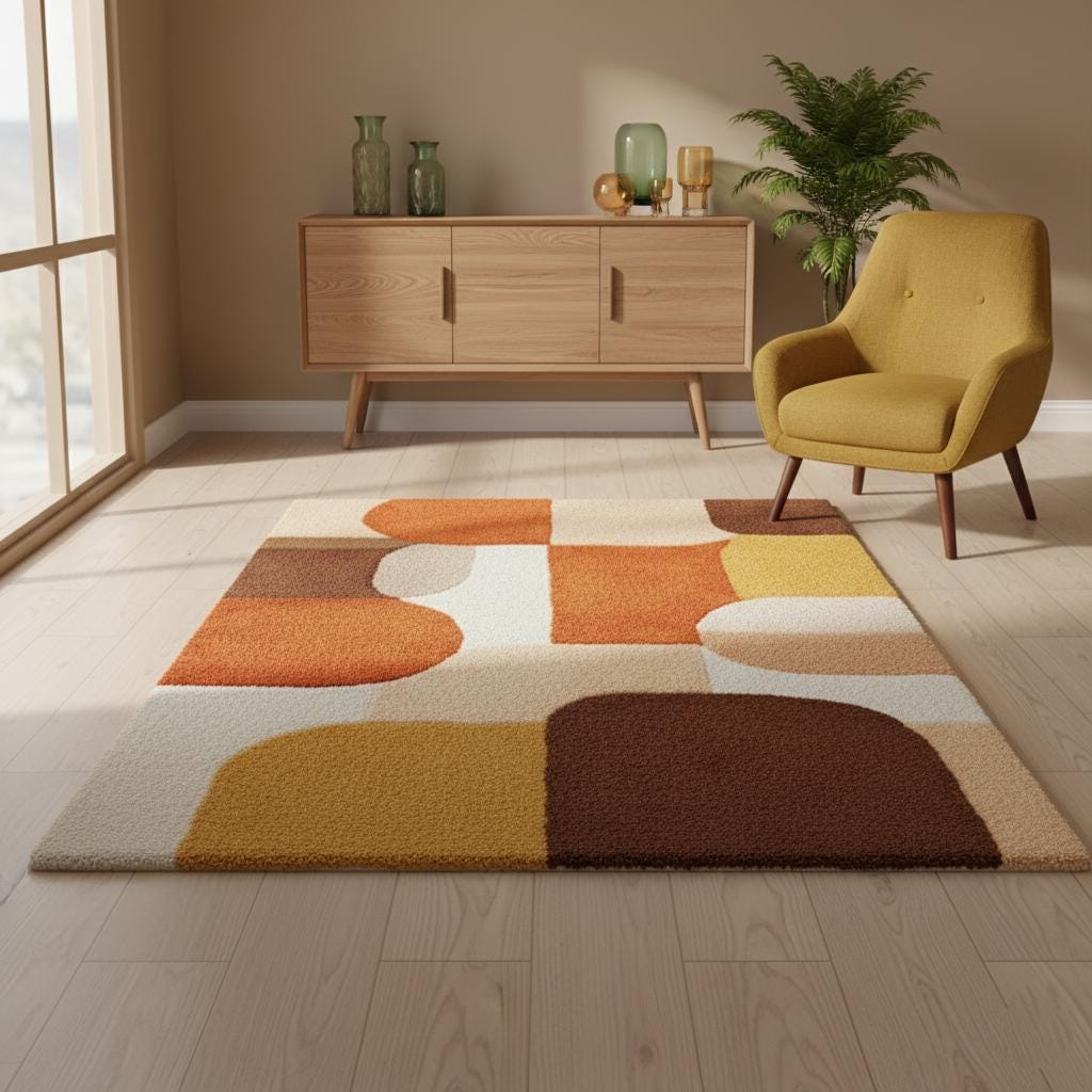 Mid Century Geometric Area Rug – Plush Retro Living Room Rugs Thick Pile Rug Carpet Teppich in Terracotta Mustard Cream Brown | MCM Rug