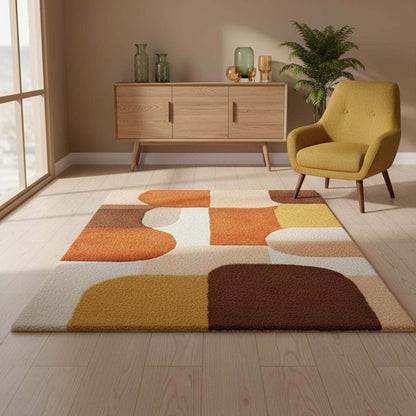 Mid Century Area Rug with plush thick pile and geometric retro pattern in warm burnt orange, mustard yellow, and cream tones.
