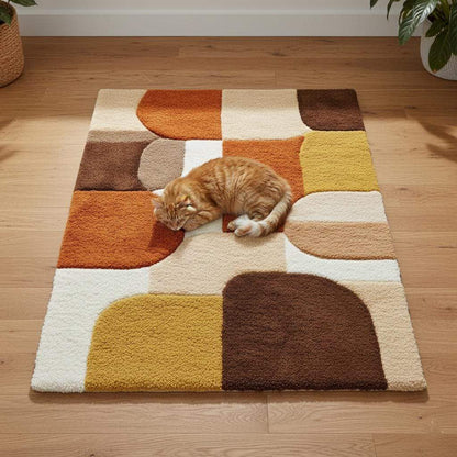 Mid century area rug with plush geometric retro pattern in warm burnt orange, mustard yellow, and cream tones