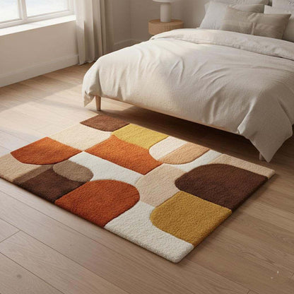 Mid Century Area Rug with plush thick pile, geometric retro pattern in burnt orange, mustard yellow, and cream hues