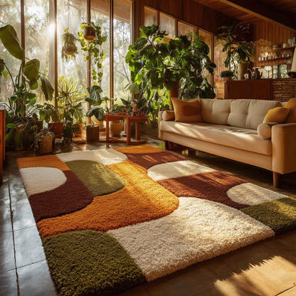 Mid century shag rug with plush high pile and geometric burnt orange, olive, cream, and brown design for living room warmth and retro style