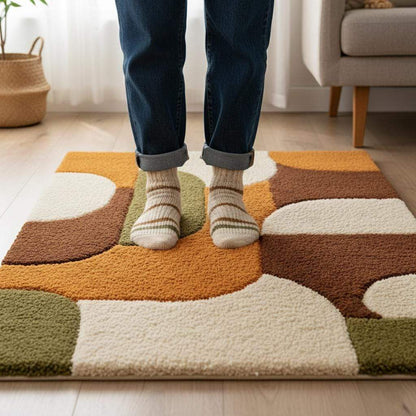 Mid century shag rug with thick high pile and geometric burnt orange, olive green design for plush living room carpet
