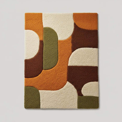 Mid century shag rug with geometric burnt orange and olive green design in living room