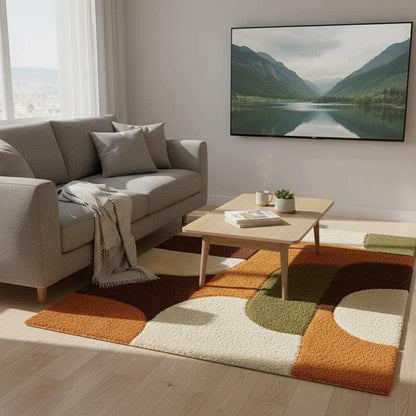 Mid century shag rug with geometric burnt orange and olive green design for plush living room comfort