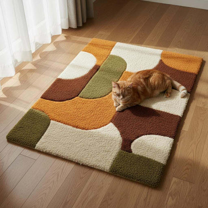 Mid century shag rug with plush high pile and geometric burnt orange and olive design for living room carpet