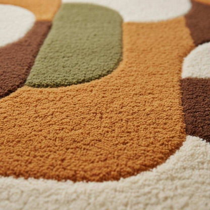 Mid Century Shag Rug with high pile geometric design in burnt orange and olive, plush living room carpet.