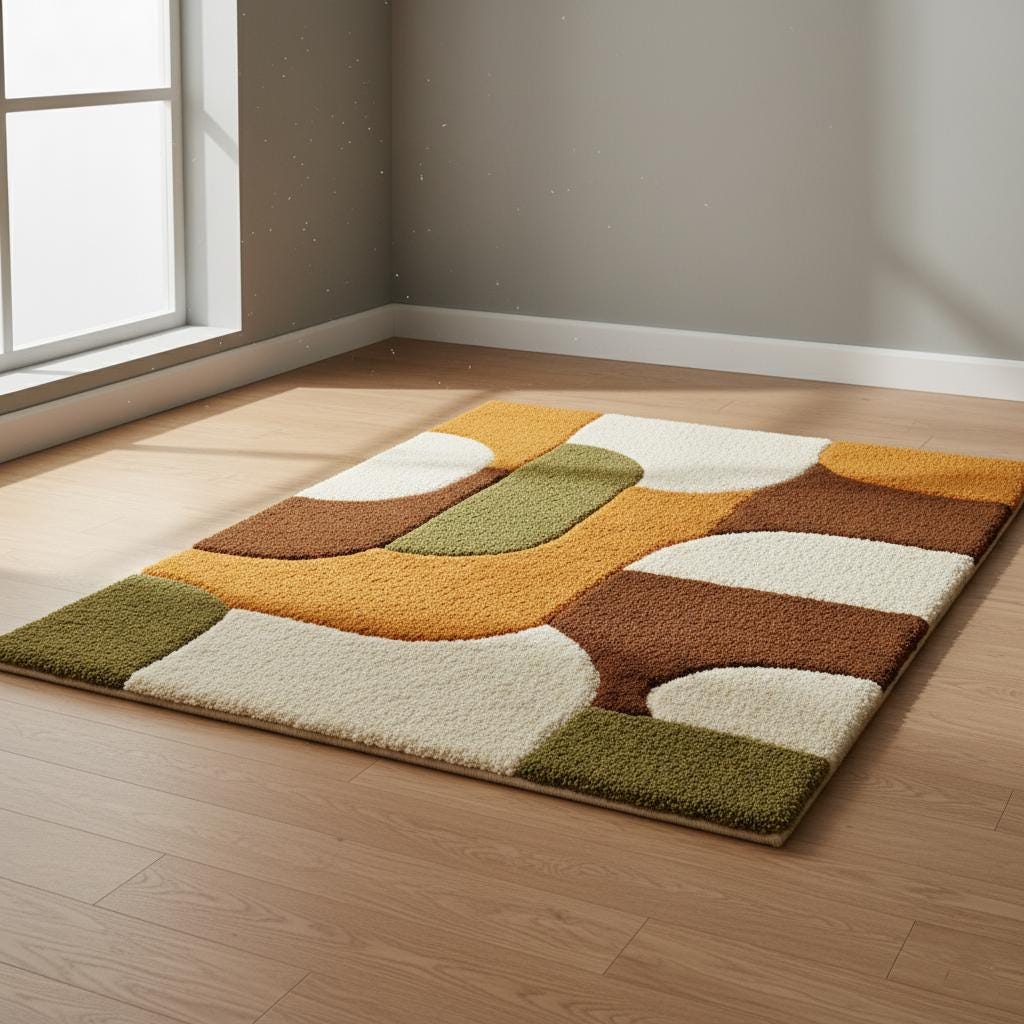 Mid Century Geometric Shag Area Rug – Plush Living Room Rugs Thick High Pile Rug Carpet Teppich in Burnt Orange Olive Cream Brown