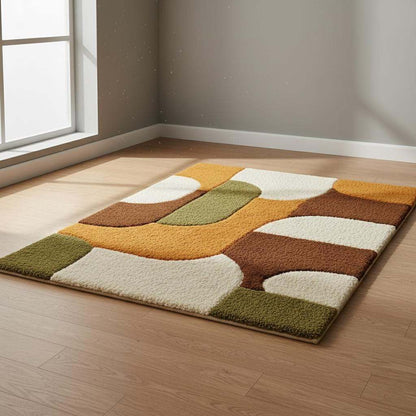 Mid century shag rug with plush high pile and geometric burnt orange and olive design for living room.