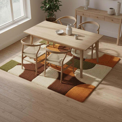 Mid Century Shag Rug with plush high pile and geometric burnt orange and olive design for living room comfort and retro style