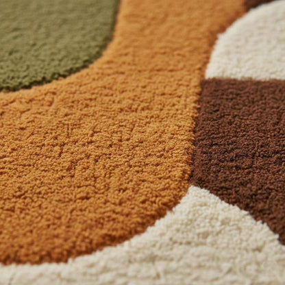 Mid Century Shag Rug with burnt orange and olive geometric design, plush high pile area carpet for living rooms