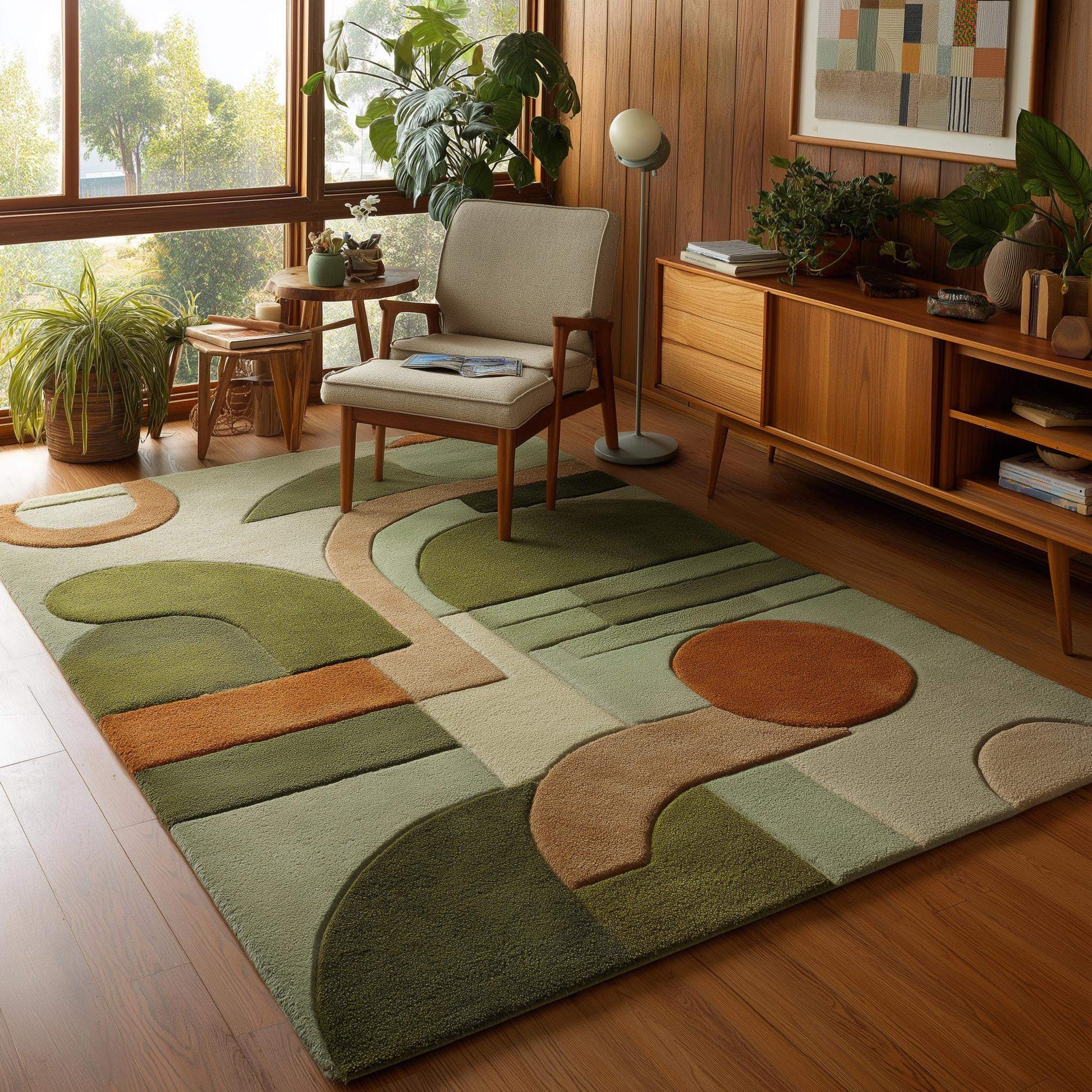 Mid century modern rug with retro geometric pattern in earthy green and orange tones, durable plush area carpet for living rooms and boho modern décor