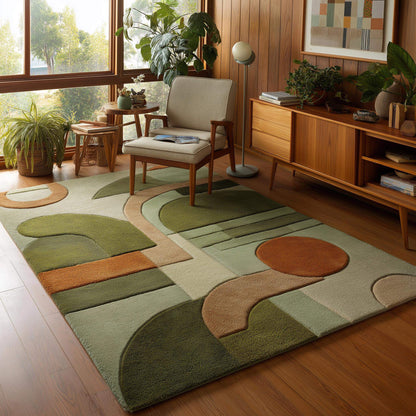 Mid century modern rug with retro geometric pattern in earthy green and orange tones, durable plush area carpet for living rooms and boho modern décor