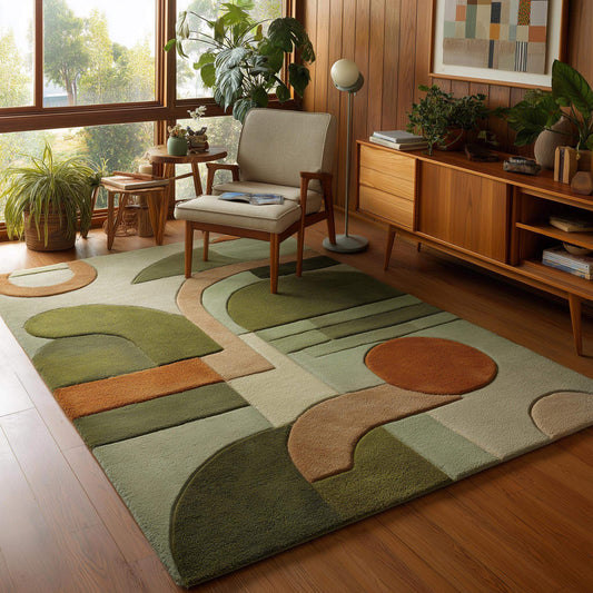 Mid century modern rug with retro geometric pattern in earthy green and orange tones, durable plush area carpet for living rooms and boho modern décor