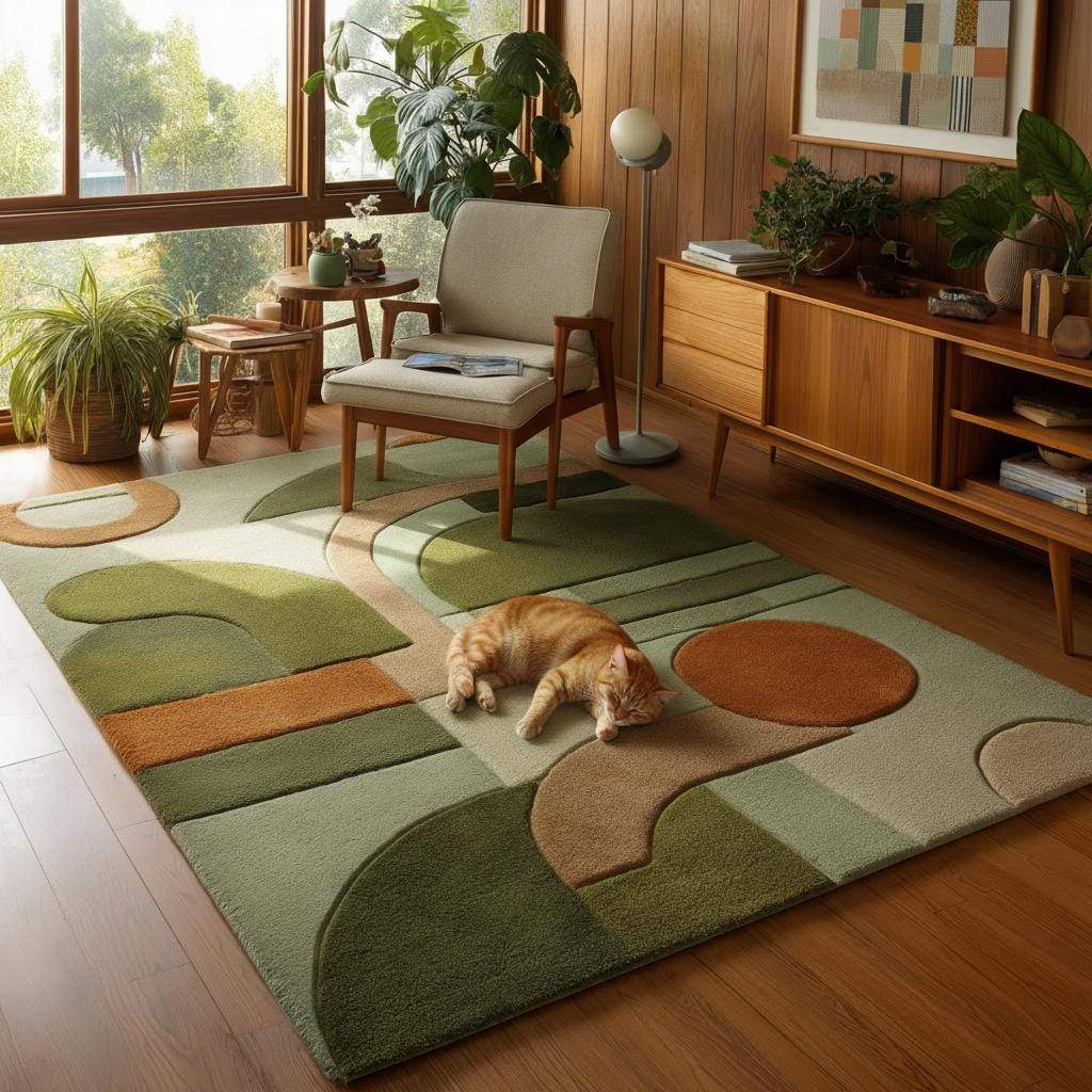 Mid-Century Modern Geometric Rug: Retro Abstract Green & Orange Carpet