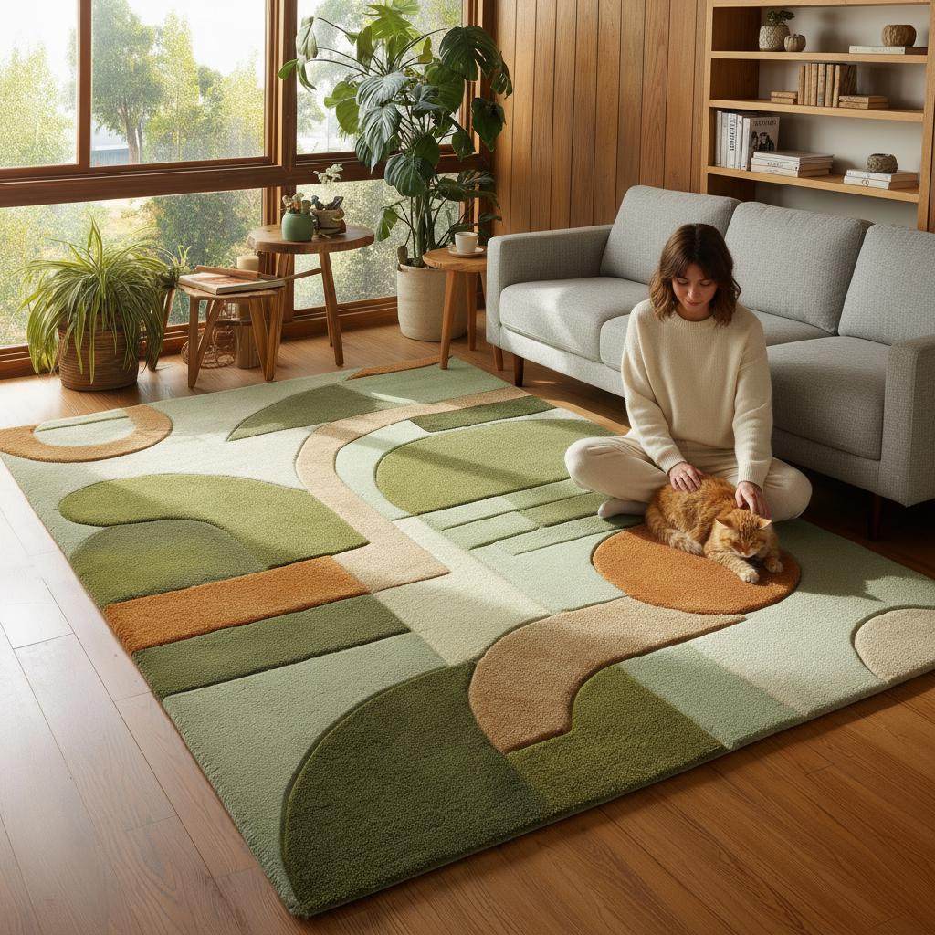 Mid-Century Modern Geometric Rug: Retro Abstract Green & Orange Carpet