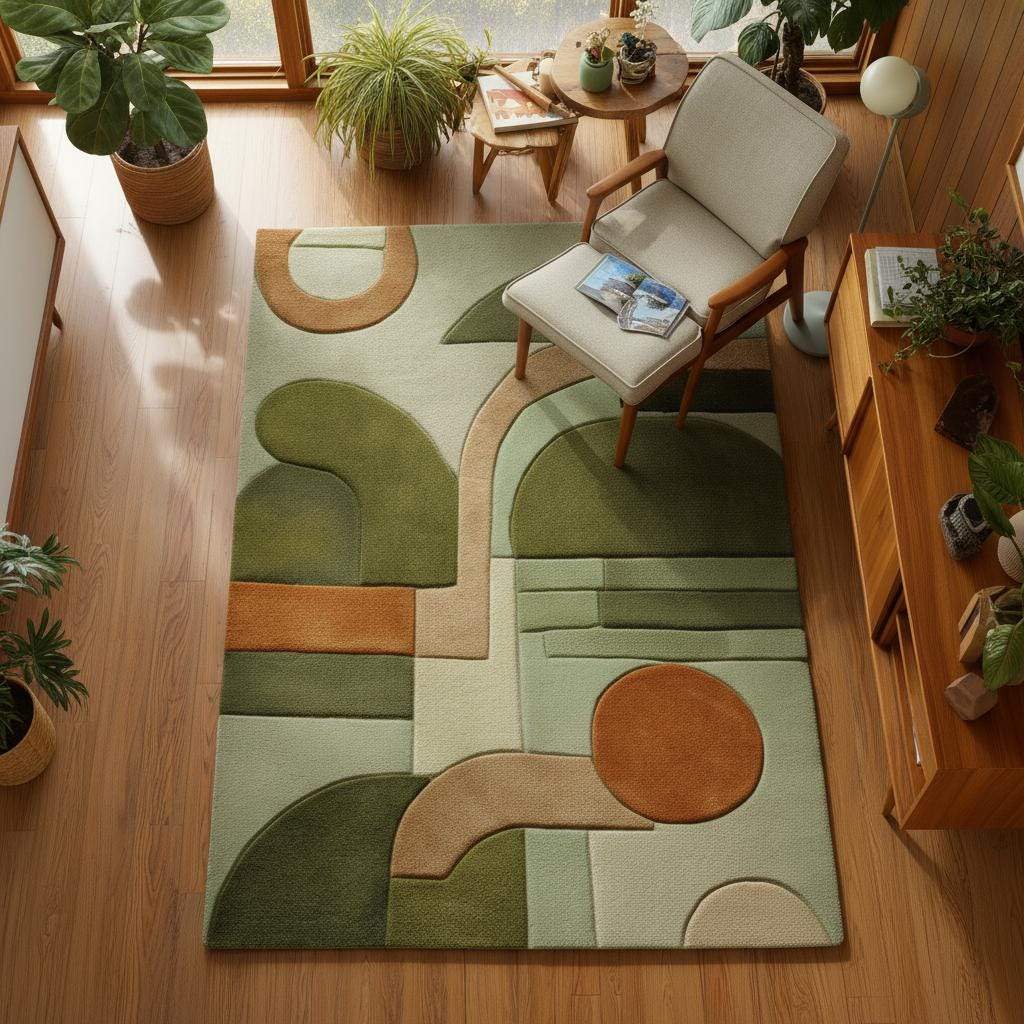 Mid-Century Modern Geometric Rug: Retro Abstract Green & Orange Carpet