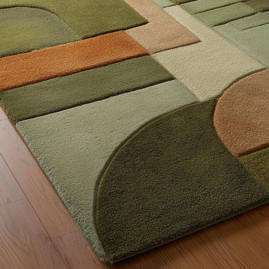 Mid-Century Modern Geometric Rug: Retro Abstract Green & Orange Carpet
