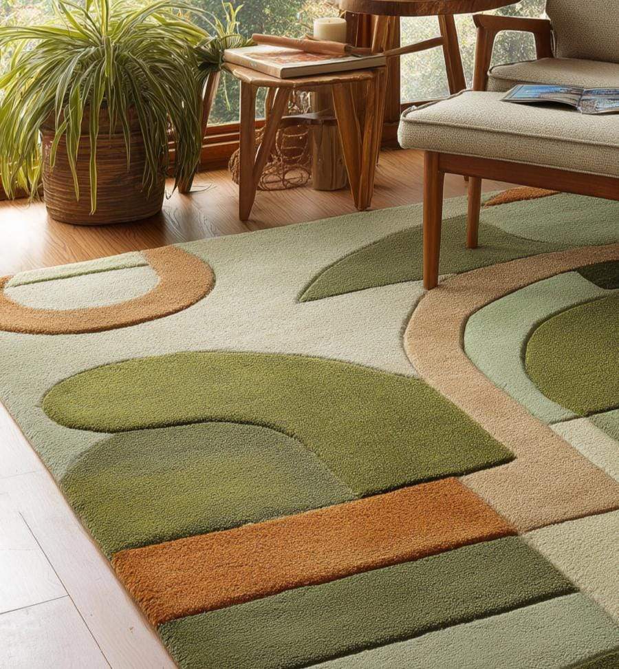 Mid-Century Modern Geometric Rug: Retro Abstract Green & Orange Carpet