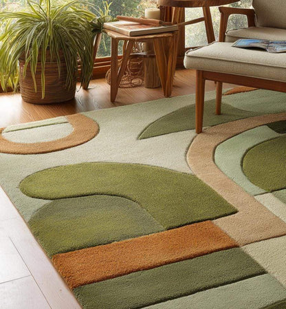 Mid-Century Modern Geometric Rug: Retro Abstract Green & Orange Carpet