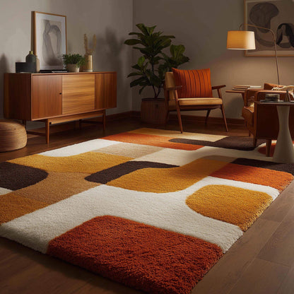 Mid century modern rug with retro geometric pattern in warm orange and yellow tones, soft tufted texture, and durable handmade design.