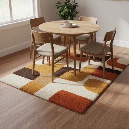 Mid century modern rug with retro geometric pattern in warm orange, yellow, brown, and cream tones, soft tufted texture, and durable construction.