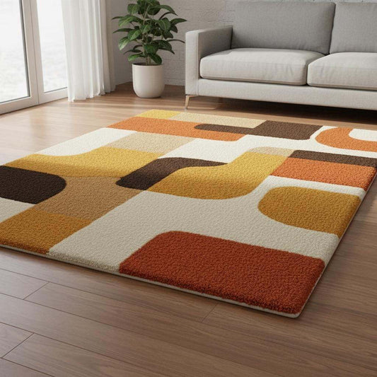 Mid century modern rug with retro geometric design in orange, yellow, brown, and cream tones, soft tufted texture, and durable construction.