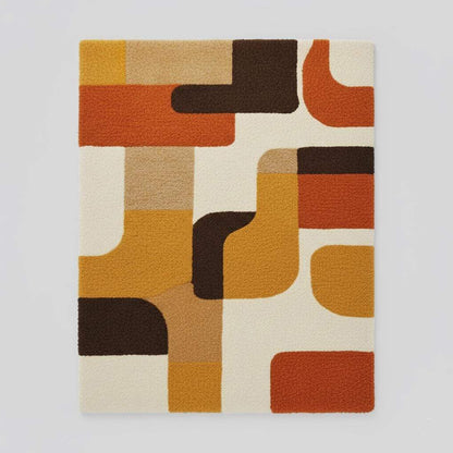 Mid century modern rug with retro geometric pattern in warm orange and yellow tones, soft tufted texture, and durable construction