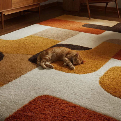 Mid century modern rug with bold geometric pattern in warm orange, yellow, and brown tones, soft tufted texture, and durable handcrafted design.