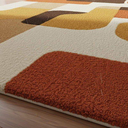 Mid century modern rug with retro geometric pattern in warm orange, yellow, and brown tones, soft tufted texture, and durable handmade design.
