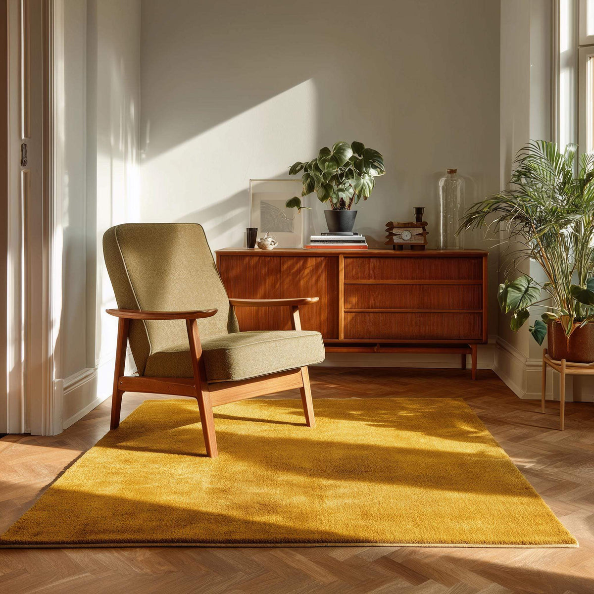Mustard yellow area rug with retro mid-century design and low pile for modern living room decor
