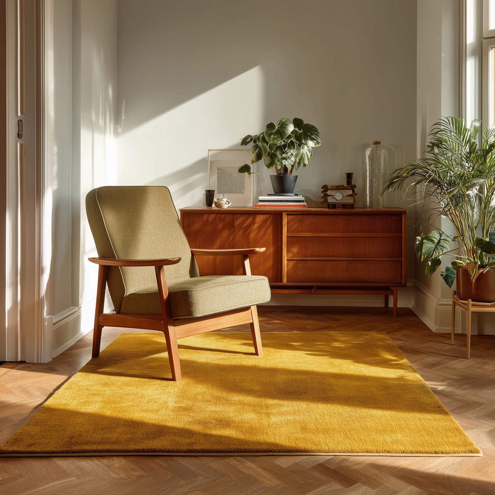 Mustard yellow area rug with retro mid-century design and low pile for modern living room decor