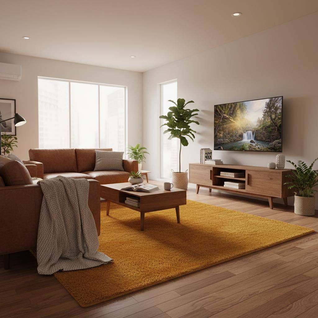 Mustard yellow area rug with retro mid century design and modern low pile for living room decor